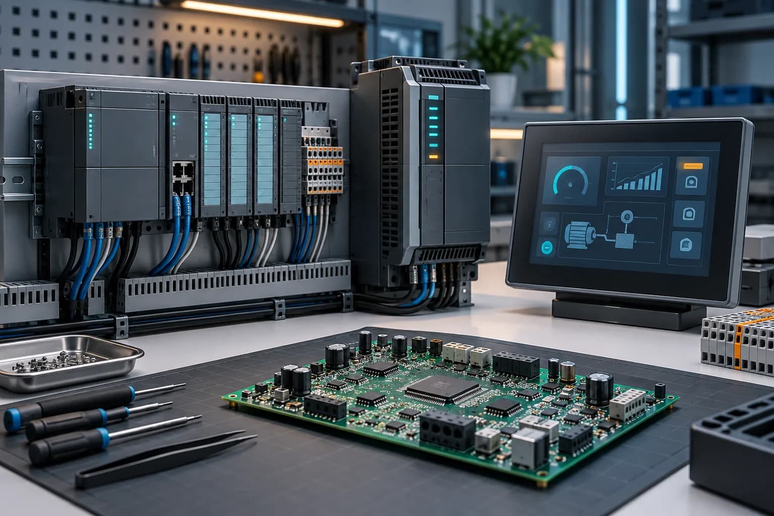Illustration of industrial controllers, a touch display, and a circuit board on a service bench