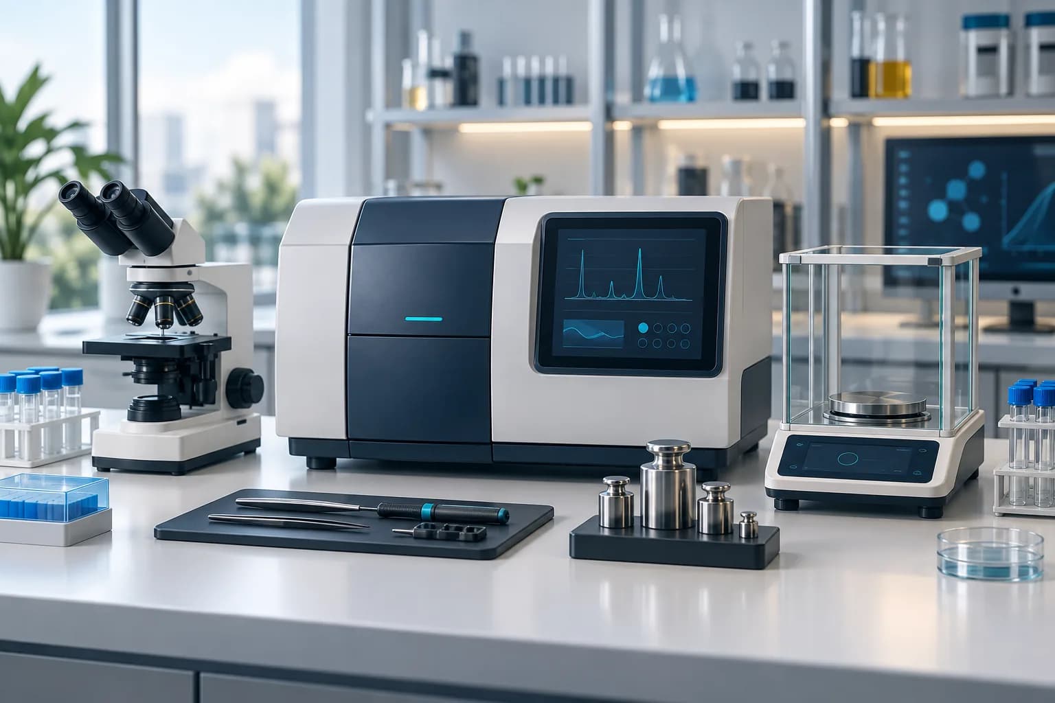 Illustration of a laboratory analyzer, microscope, balance, and calibration weights