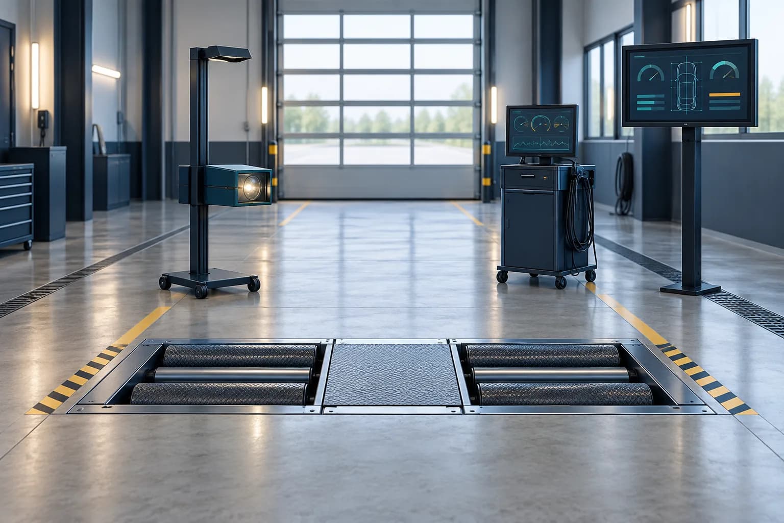 Illustration of an inspection lane with a roller brake tester and headlight testing equipment